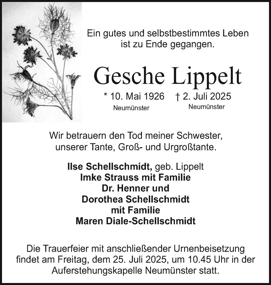  Traueranzeige für Gesche Lippelt vom 15.07.2025 aus Holsteinischer Courier