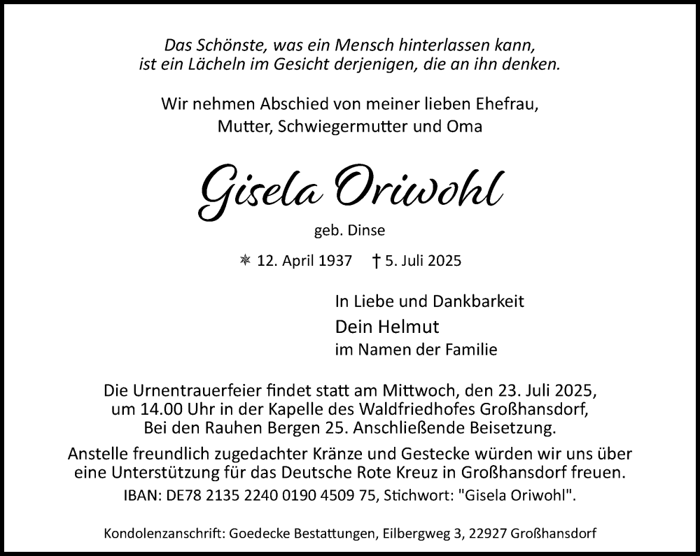 Traueranzeige für Gisela Oriwohl vom 19.07.2025 aus MARKT Ahrensburg/Bargteheide/Trittau und Stormarner Tageblatt