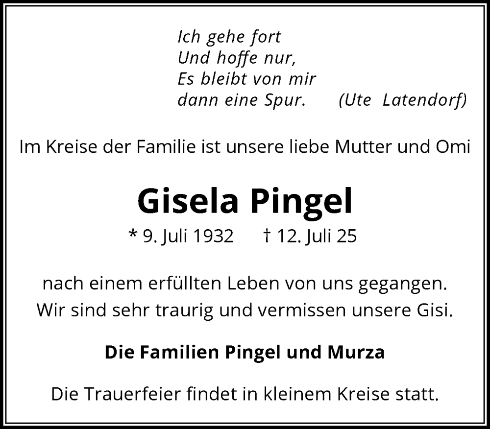  Traueranzeige für Gisela Pingel vom 19.07.2025 aus Wedel-Schulauer Tageblatt, tip Wedel-Schulauer Tageblatt, tip Rissener Rundschau
