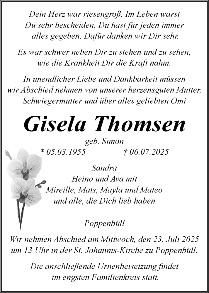  Traueranzeige für Gisela Thomsen vom 15.07.2025 aus Husumer Nachrichten, Nordfriesland Tageblatt