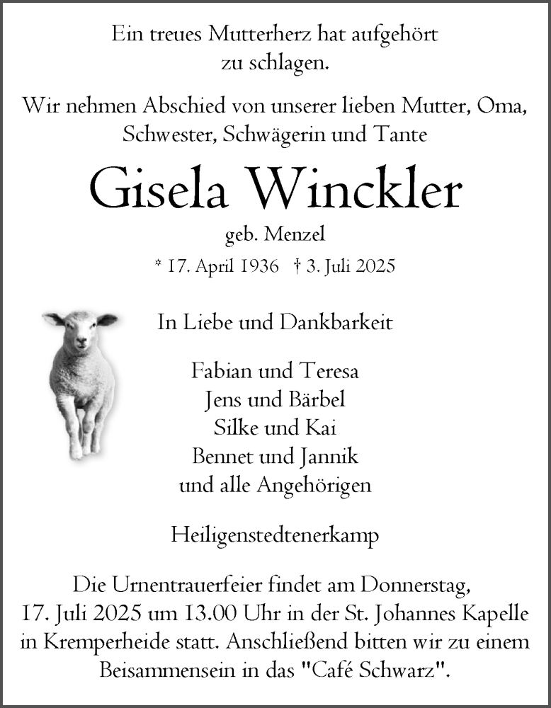  Traueranzeige für Gisela Winckler vom 12.07.2025 aus Norddeutsche Rundschau, Wilstersche Zeitung, Glückstädter Fortuna