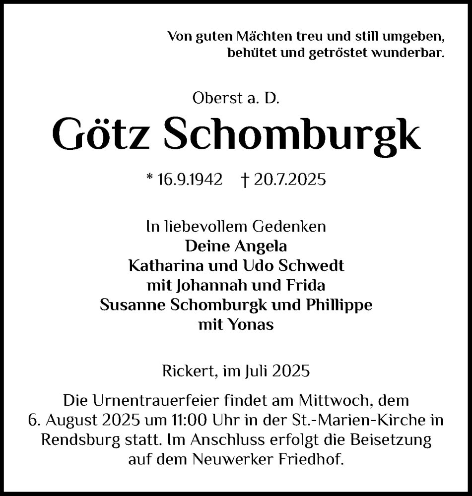  Traueranzeige für Götz Schomburgk vom 26.07.2025 aus Schleswig-Holsteinische Landeszeitung