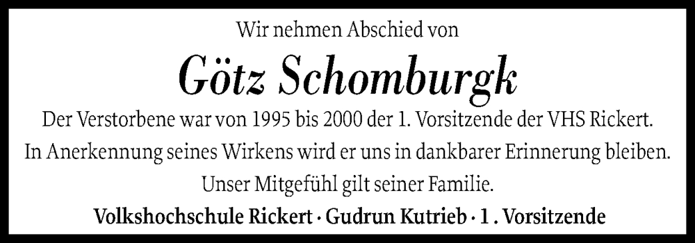  Traueranzeige für Götz Schomburgk vom 26.07.2025 aus Schleswig-Holsteinische Landeszeitung