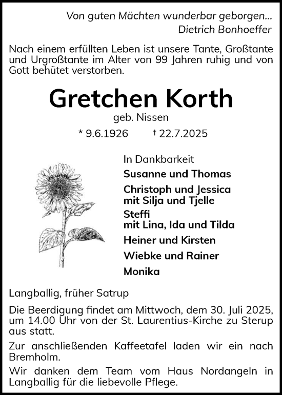 Traueranzeige von Gretchen Korth von Flensburger Tageblatt