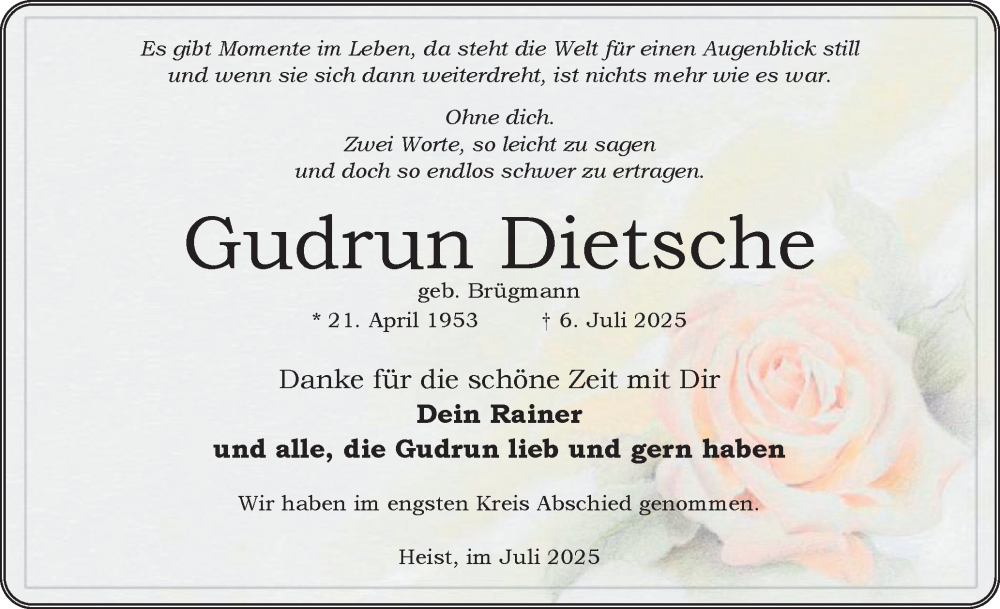  Traueranzeige für Gudrun Dietsche vom 19.07.2025 aus Uetersener Nachrichten, Der tip am Wochenende