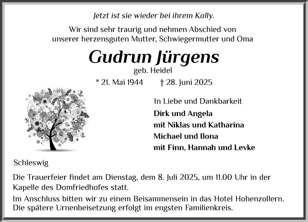  Traueranzeige für Gudrun Jürgens vom 04.07.2025 aus Schleswiger Nachrichten, Schlei-Bote