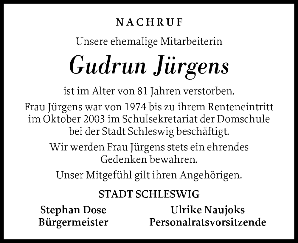  Traueranzeige für Gudrun Jürgens vom 04.07.2025 aus Schleswiger Nachrichten, Schlei-Bote