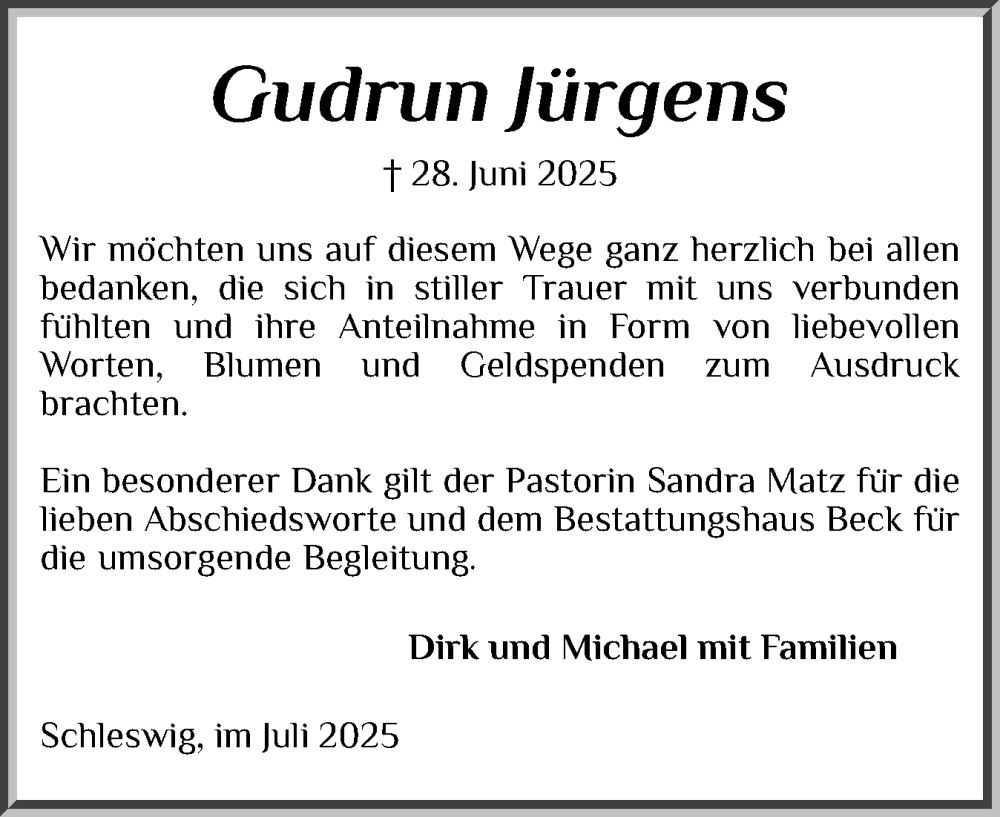  Traueranzeige für Gudrun Jürgens vom 25.07.2025 aus Schleswiger Nachrichten, Schlei-Bote