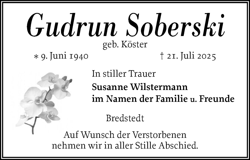  Traueranzeige für Gudrun Soberski vom 25.07.2025 aus Husumer Nachrichten, Nordfriesland Tageblatt