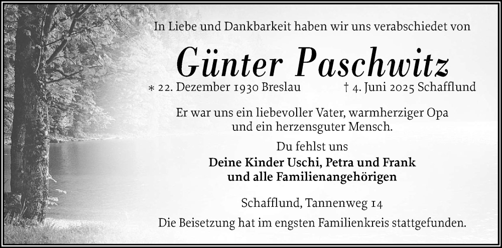  Traueranzeige für Günter Paschwitz vom 11.07.2025 aus Flensburger Tageblatt