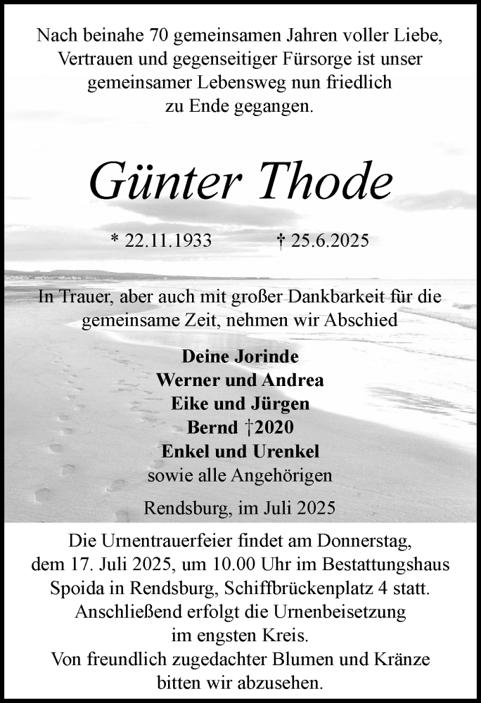  Traueranzeige für Günter Thode vom 05.07.2025 aus Schleswig-Holsteinische Landeszeitung