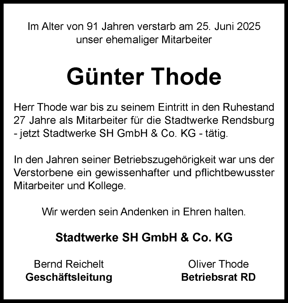  Traueranzeige für Günter Thode vom 09.07.2025 aus Schleswig-Holsteinische Landeszeitung