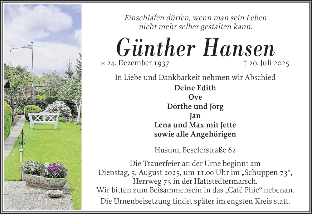  Traueranzeige für Günther Hansen vom 26.07.2025 aus Husumer Nachrichten, Nordfriesland Tageblatt