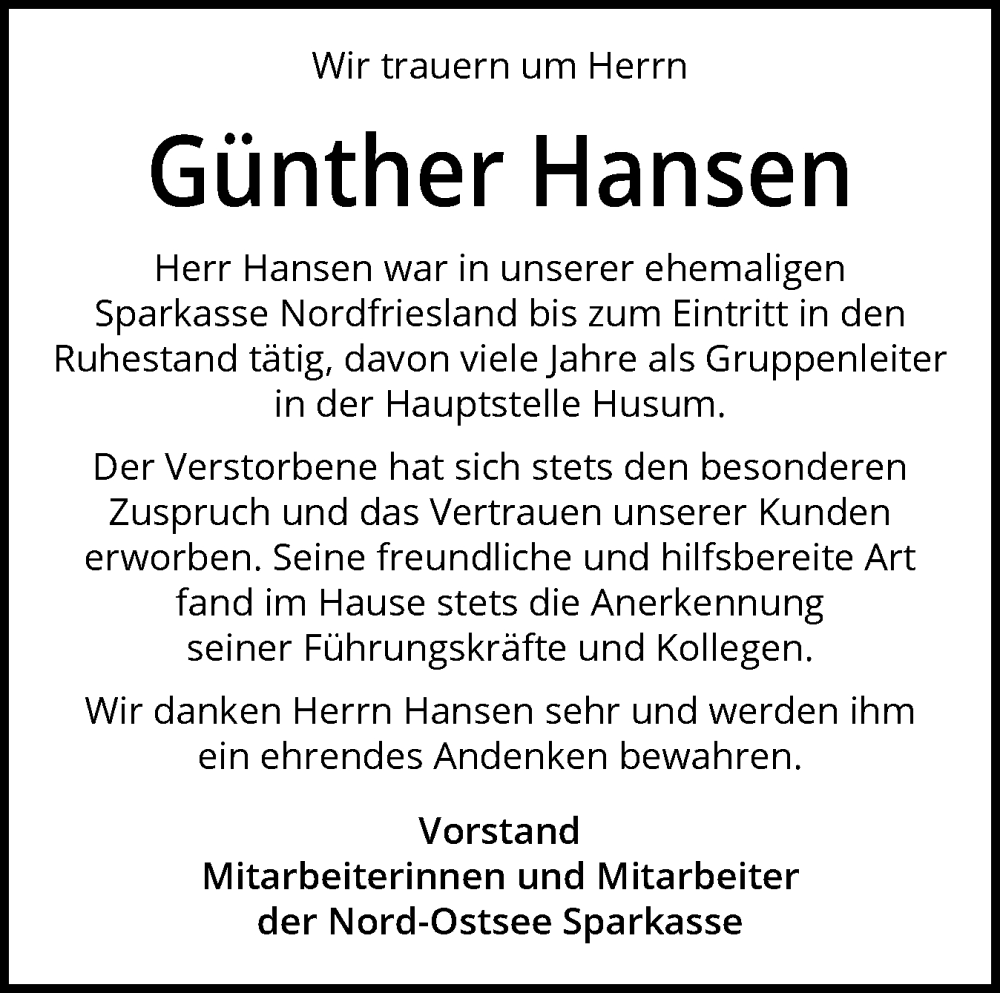  Traueranzeige für Günther Hansen vom 29.07.2025 aus Husumer Nachrichten, Nordfriesland Tageblatt