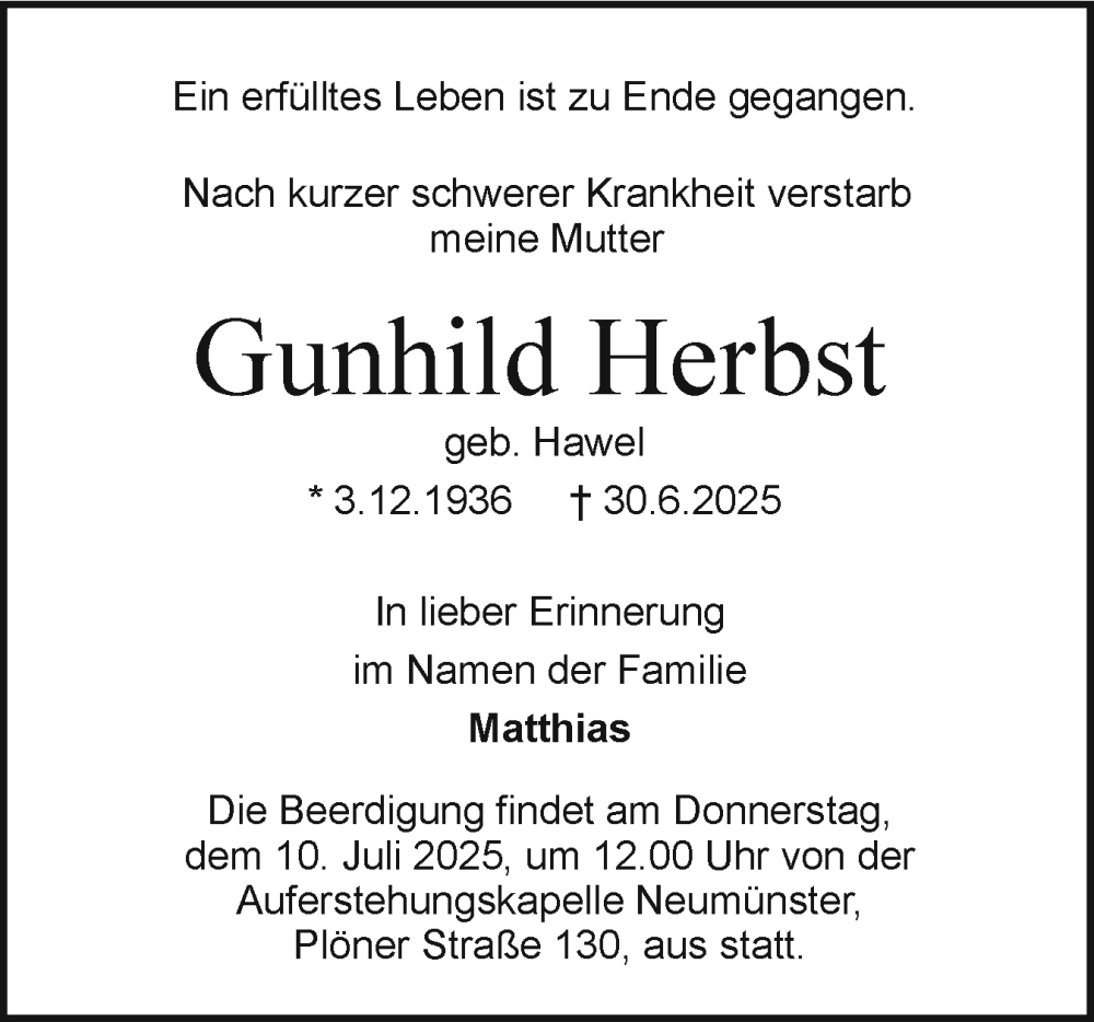  Traueranzeige für Gunhild Herbst vom 05.07.2025 aus Holsteinischer Courier