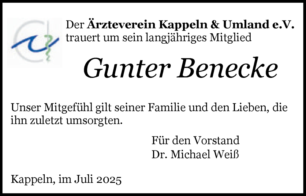  Traueranzeige für Gunter Benecke vom 05.07.2025 aus Schleswiger Nachrichten, Schlei-Bote