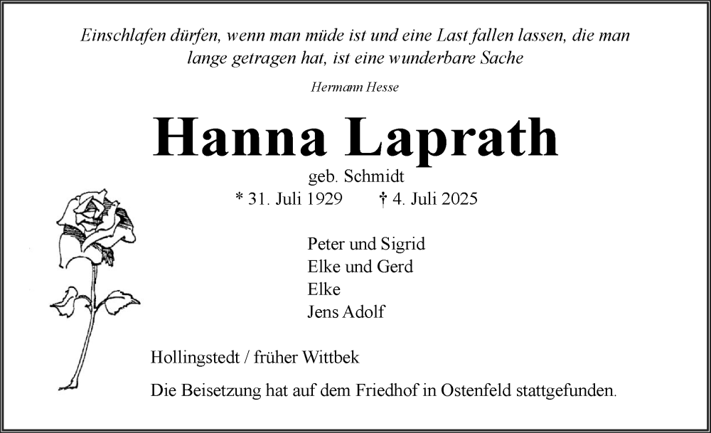  Traueranzeige für Hanna Laprath vom 19.07.2025 aus Husumer Nachrichten, Nordfriesland Tageblatt