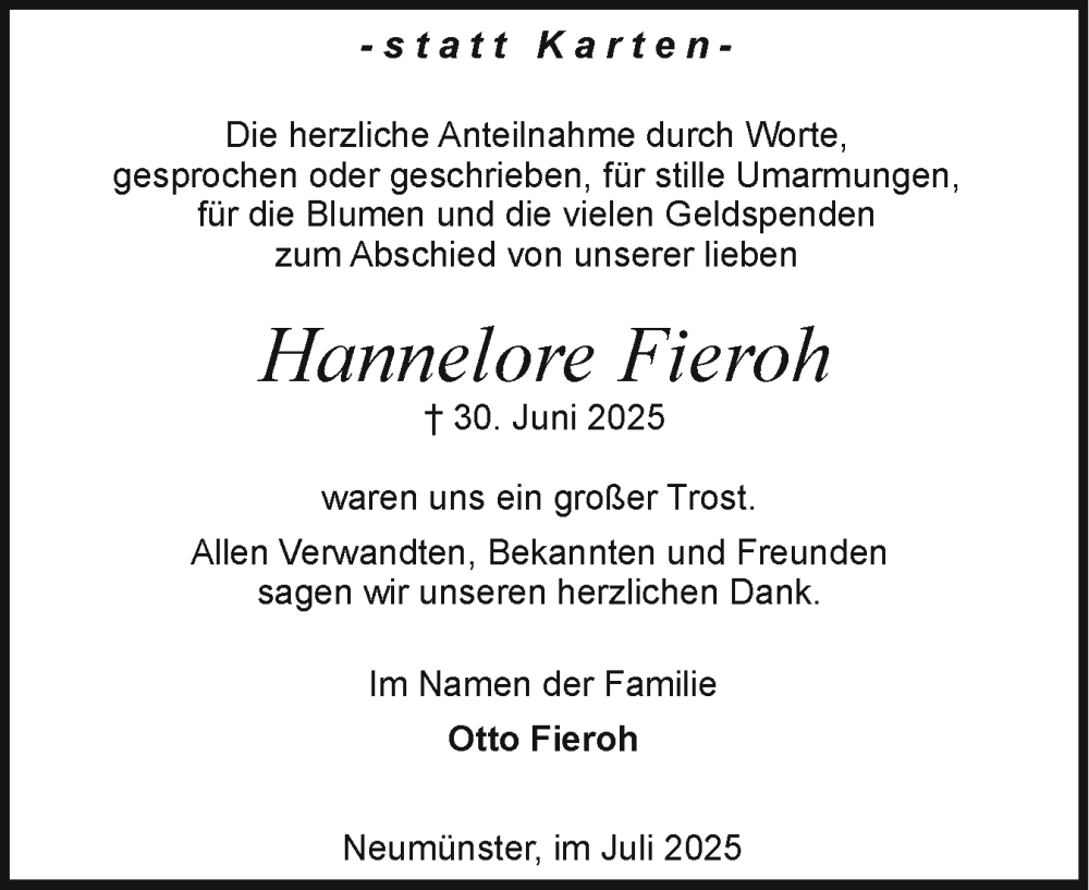  Traueranzeige für Hannelore Fieroh vom 19.07.2025 aus Holsteinischer Courier