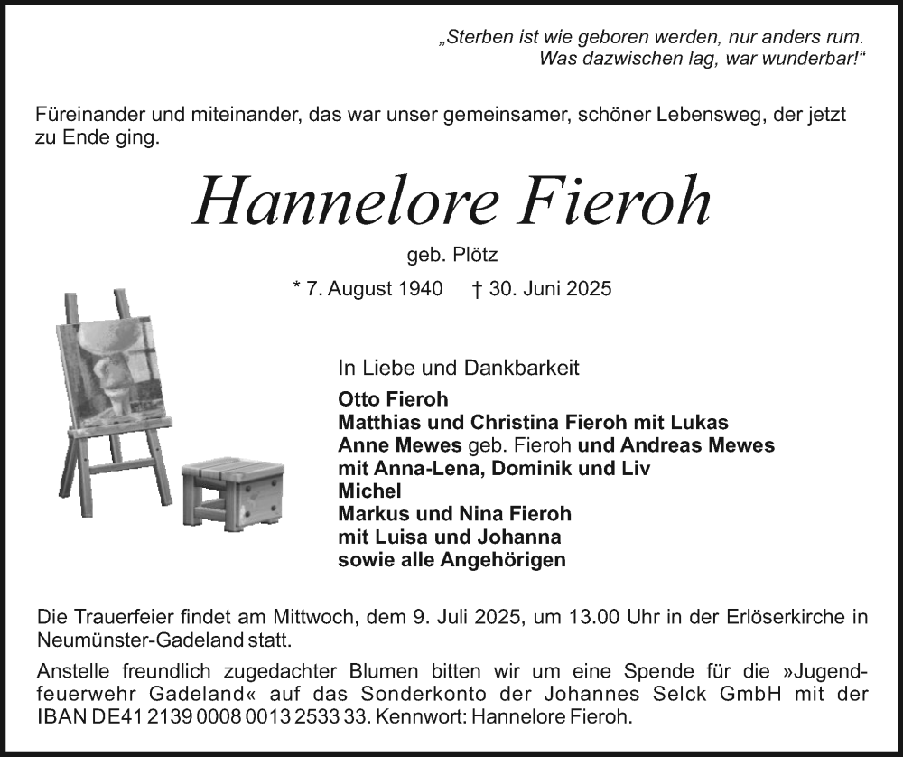  Traueranzeige für Hannelore Fieroh vom 05.07.2025 aus Holsteinischer Courier