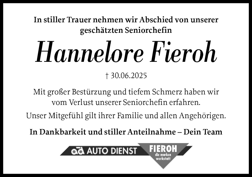  Traueranzeige für Hannelore Fieroh vom 05.07.2025 aus Holsteinischer Courier