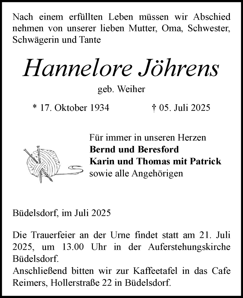  Traueranzeige für Hannelore Jöhrens vom 12.07.2025 aus Schleswig-Holsteinische Landeszeitung