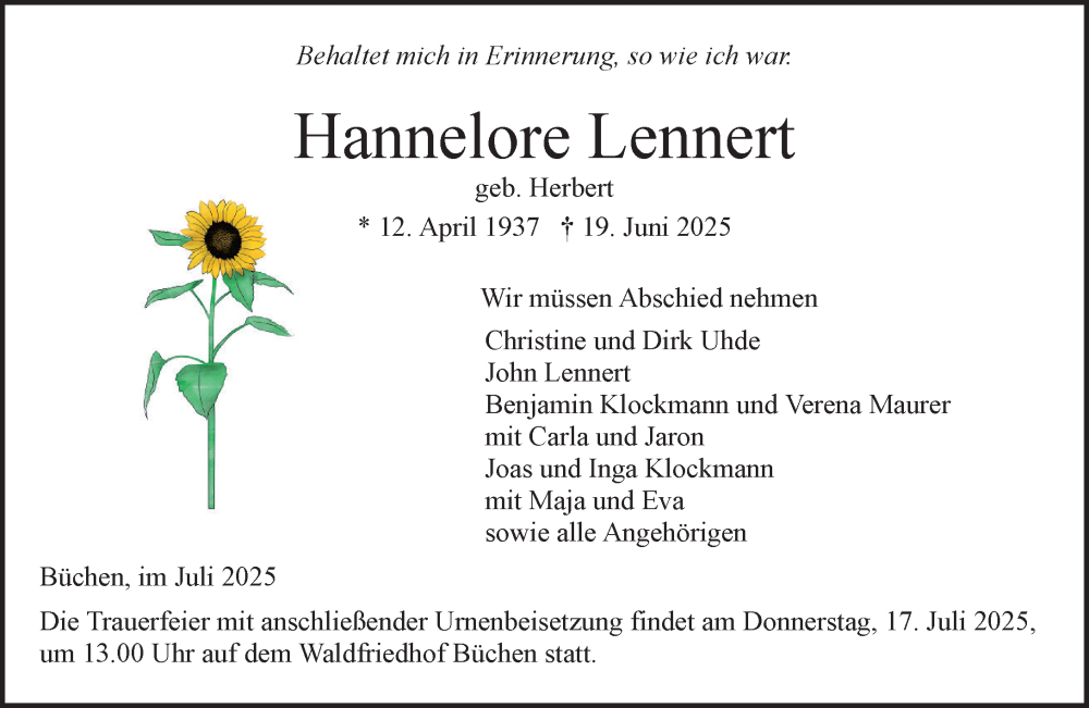  Traueranzeige für Hannelore Lennert vom 05.07.2025 aus Wochenend Anzeiger