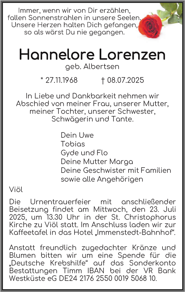  Traueranzeige für Hannelore Lorenzen vom 12.07.2025 aus Husumer Nachrichten, Nordfriesland Tageblatt