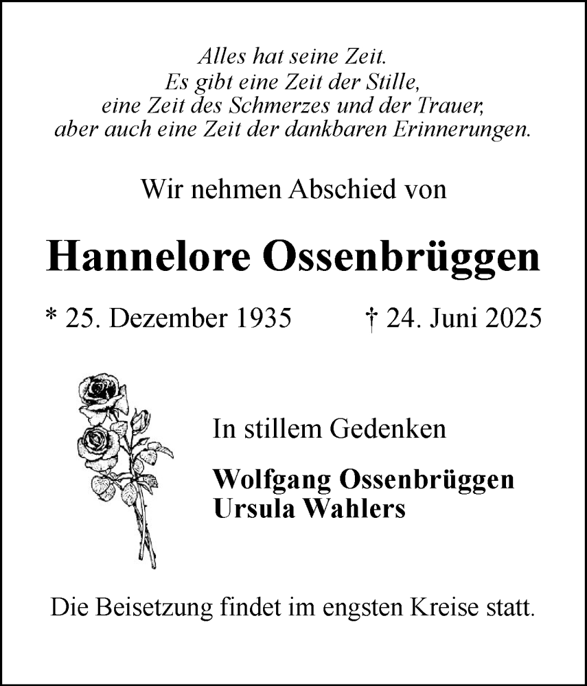  Traueranzeige für Hannelore Ossenbrüggen vom 12.07.2025 aus Uetersener Nachrichten, Der tip am Wochenende