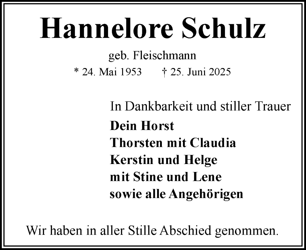  Traueranzeige für Hannelore Schulz vom 19.07.2025 aus Flensburger Tageblatt