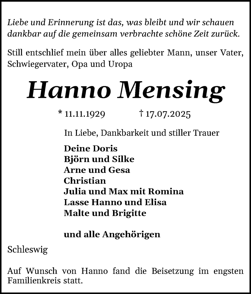  Traueranzeige für Hanno Mensing vom 25.07.2025 aus Schleswiger Nachrichten, Schlei-Bote