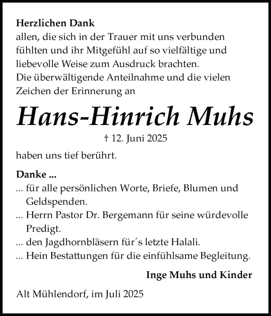 Traueranzeige von Hans-Hinrich Muhs von Schleswig-Holsteinische Landeszeitung