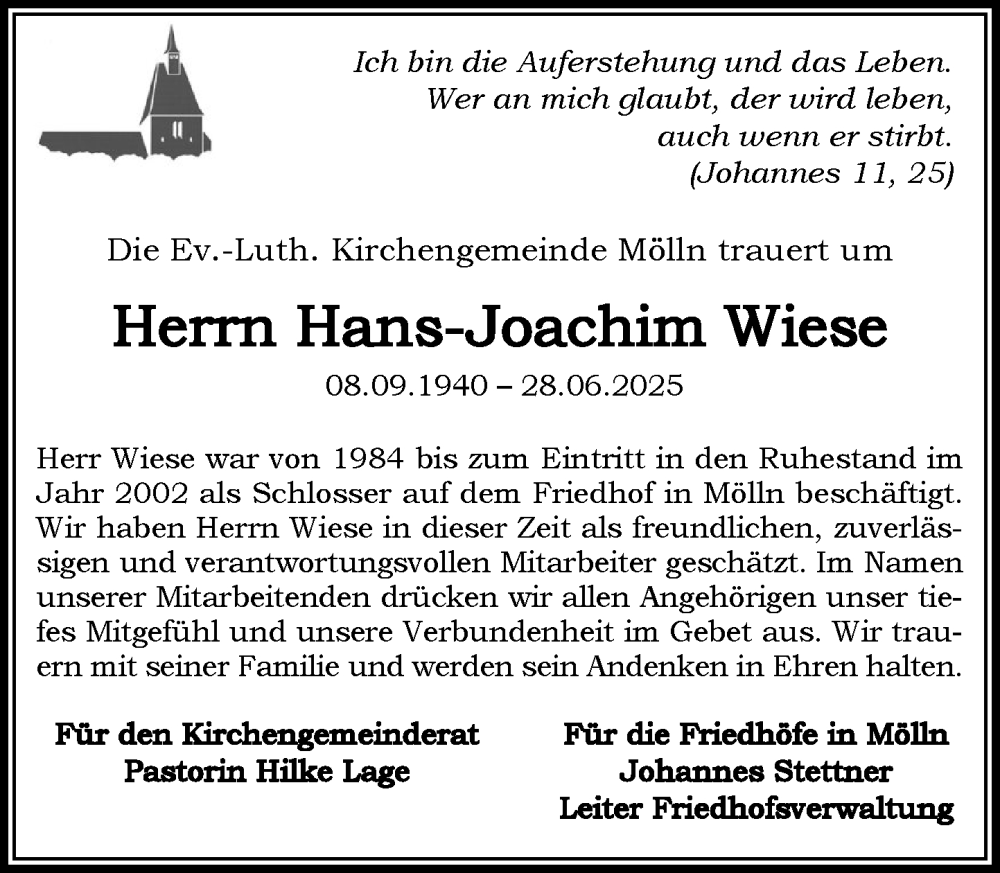  Traueranzeige für Hans-Joachim Wiese vom 19.07.2025 aus MARKT Ratzeburg/Mölln