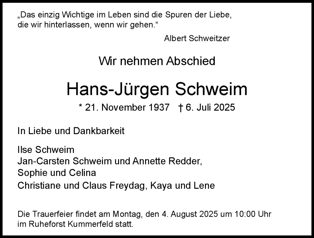  Traueranzeige für Hans-Jürgen Schweim vom 19.07.2025 aus Elmshorner Nachrichten, Barmstedter Zeitung
