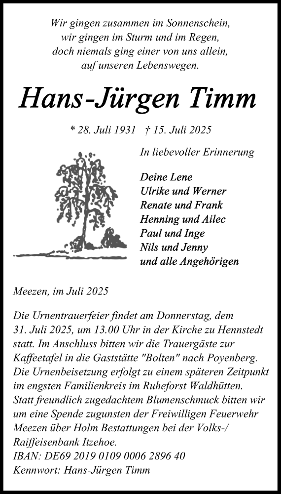  Traueranzeige für Hans-Jürgen Timm vom 26.07.2025 aus Schleswig-Holsteinische Landeszeitung