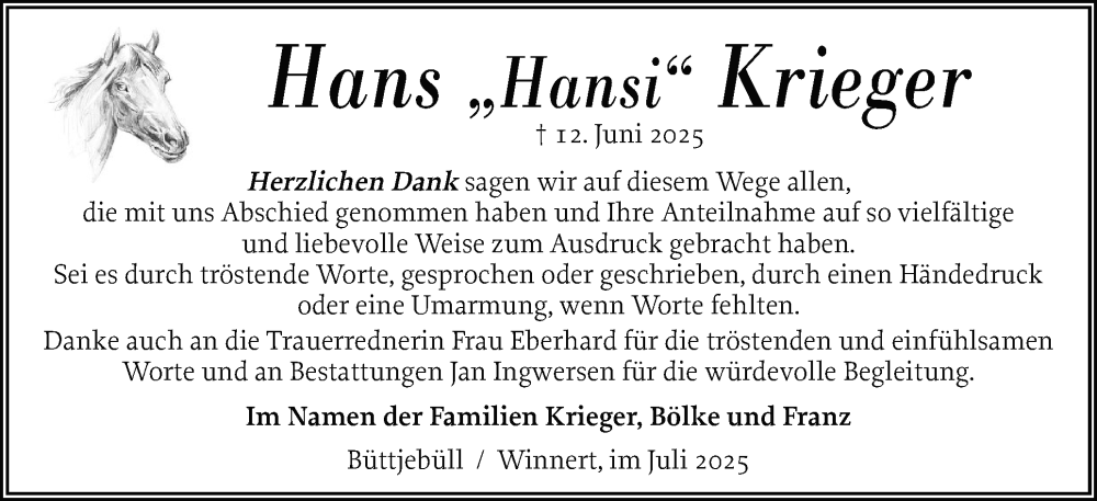  Traueranzeige für Hans Krieger vom 19.07.2025 aus Husumer Nachrichten, Nordfriesland Tageblatt