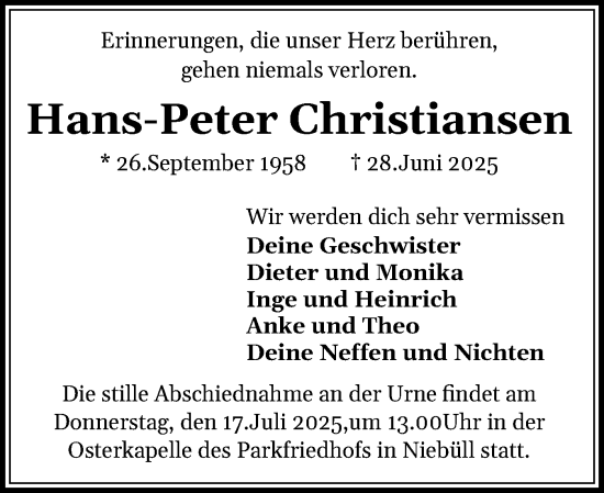 Traueranzeige von Hans-Peter Christiansen von Husumer Nachrichten, Nordfriesland Tageblatt