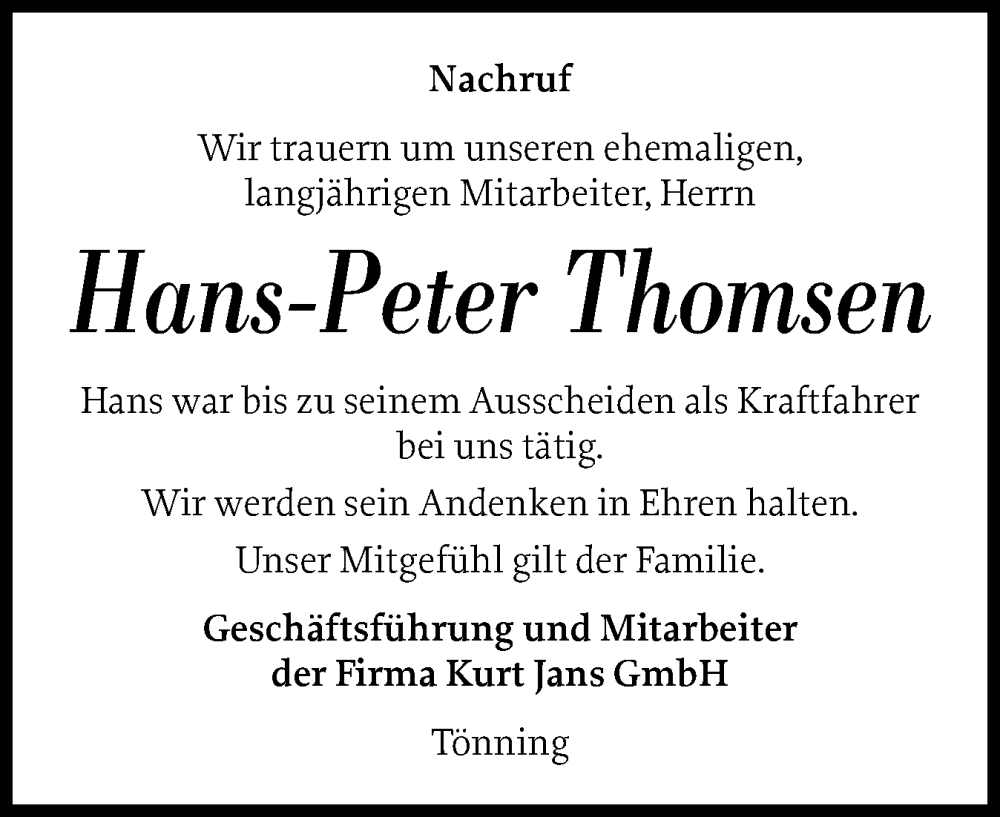  Traueranzeige für Hans-Peter Thomsen vom 19.07.2025 aus Husumer Nachrichten, Nordfriesland Tageblatt