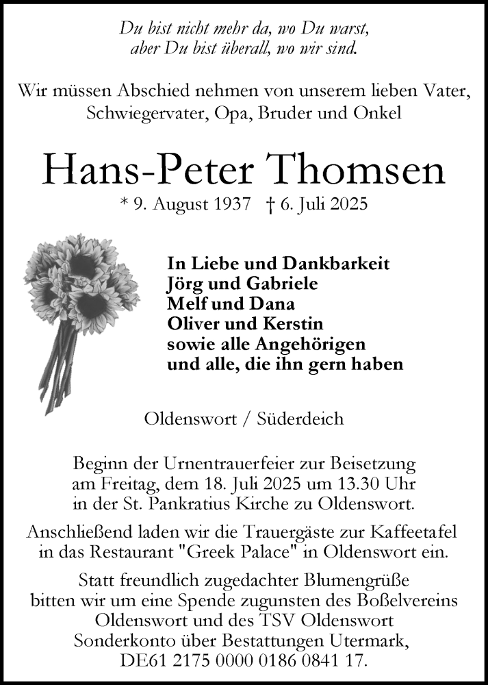  Traueranzeige für Hans-Peter Thomsen vom 15.07.2025 aus Husumer Nachrichten, Nordfriesland Tageblatt