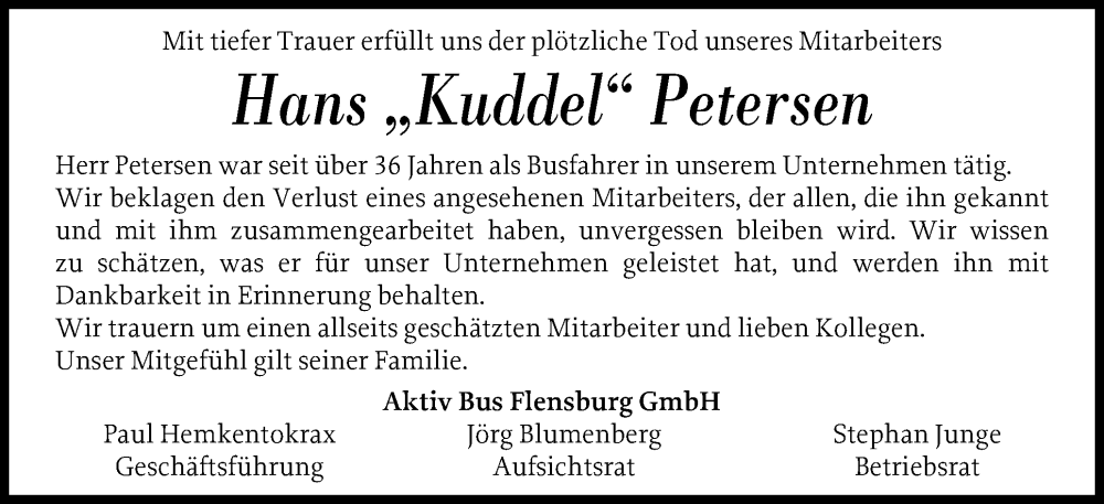  Traueranzeige für Hans Petersen vom 26.07.2025 aus Flensburger Tageblatt