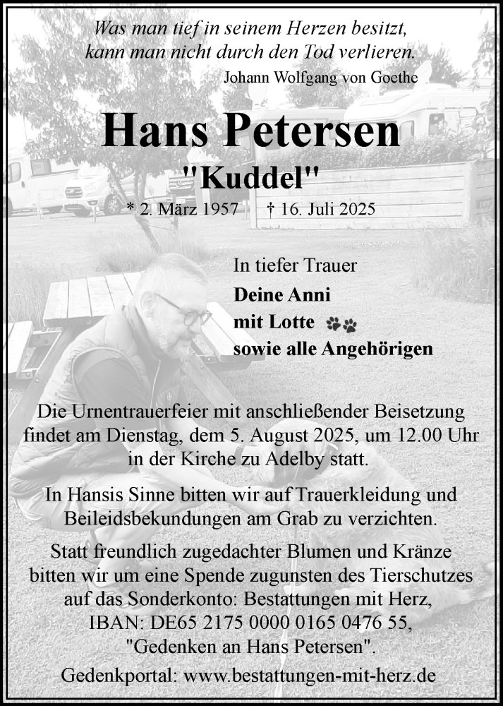  Traueranzeige für Hans Petersen vom 26.07.2025 aus Flensburger Tageblatt