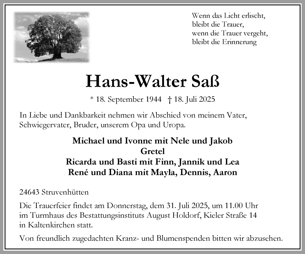  Traueranzeige für Hans-Walter Saß vom 26.07.2025 aus Umschau