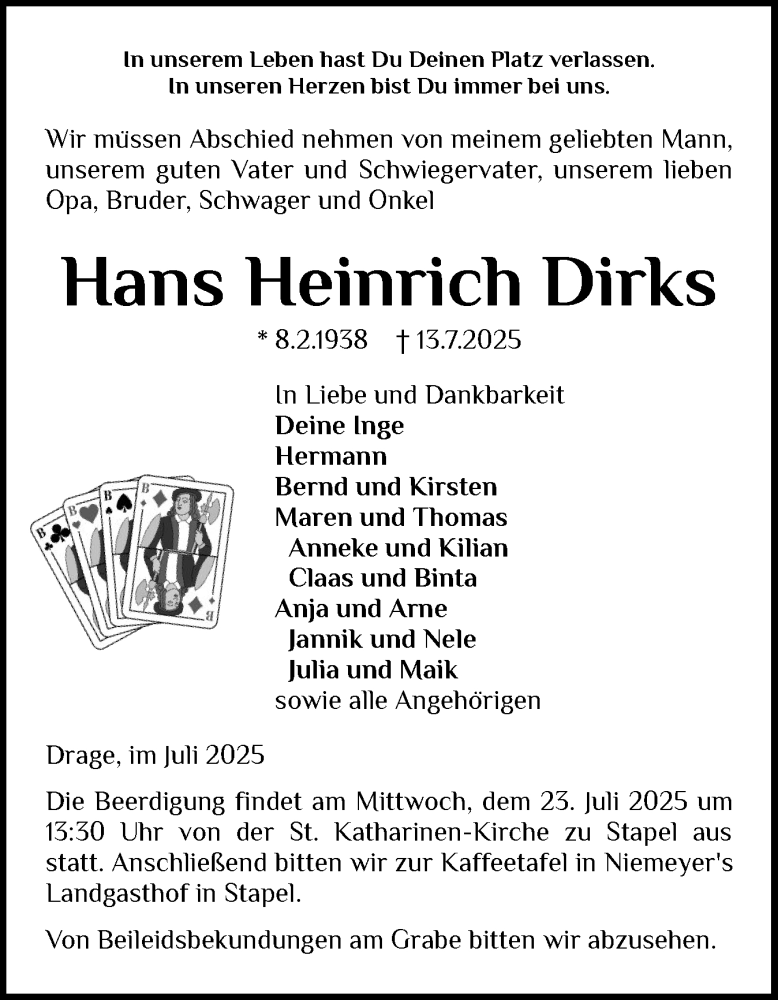  Traueranzeige für Hans Heinrich Dirks vom 18.07.2025 aus Husumer Nachrichten, Nordfriesland Tageblatt