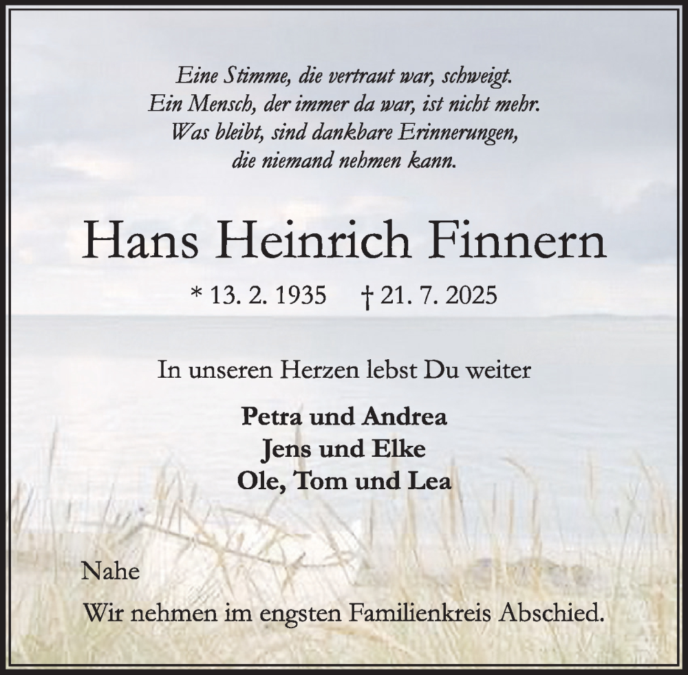  Traueranzeige für Hans Heinrich Finnern vom 26.07.2025 aus MARKT Ahrensburg/Bargteheide/Trittau und Stormarner Tageblatt