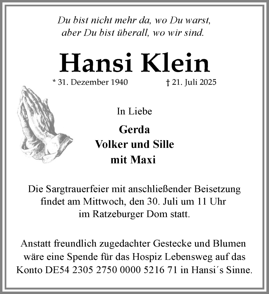  Traueranzeige für Hansi Klein vom 26.07.2025 aus MARKT Ratzeburg/Mölln