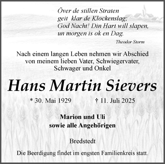 Traueranzeige von Hans Martin Sievers von Husumer Nachrichten, Nordfriesland Tageblatt