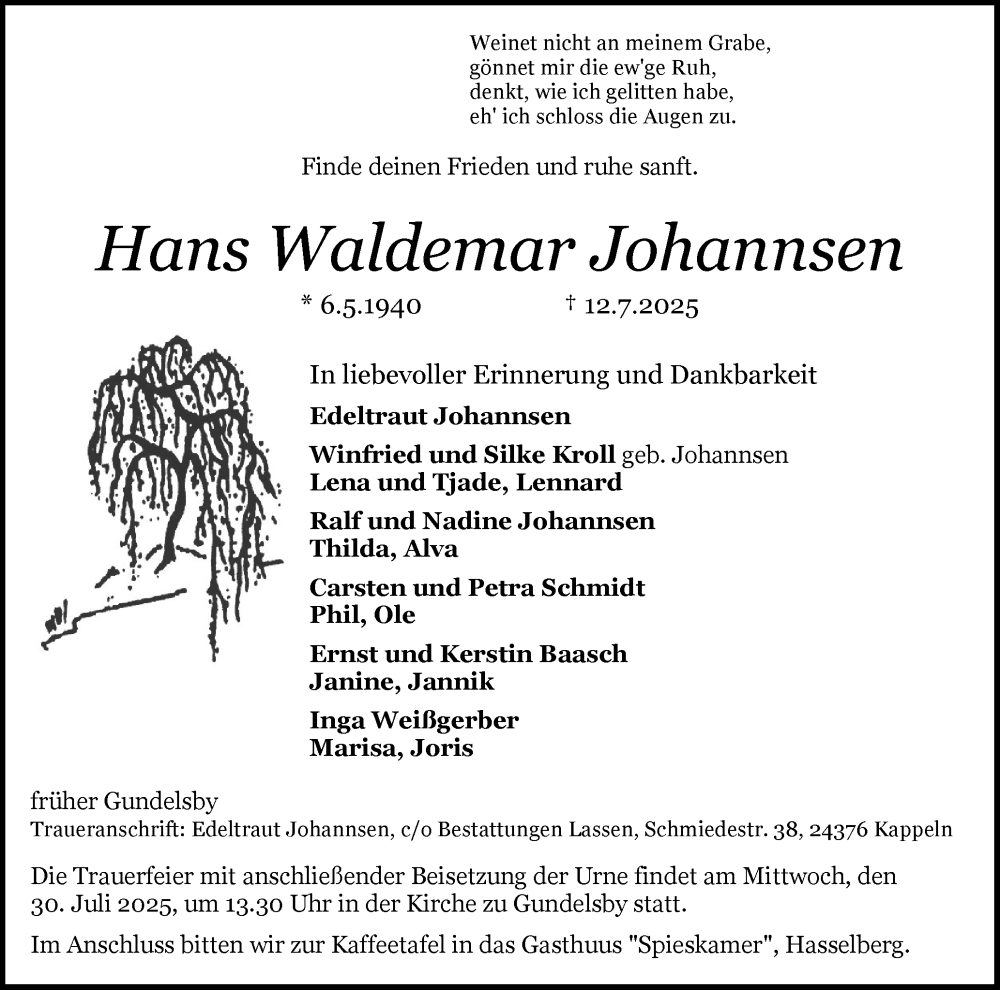  Traueranzeige für Hans Waldemar Johannsen vom 26.07.2025 aus Schleswiger Nachrichten, Schlei-Bote