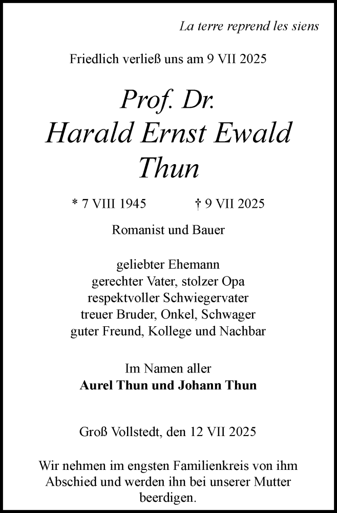  Traueranzeige für Harald Ernst Ewald Thun vom 19.07.2025 aus Schleswig-Holsteinische Landeszeitung