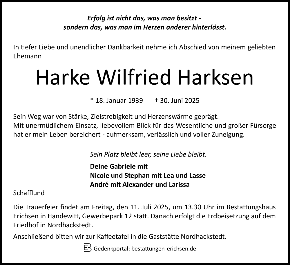  Traueranzeige für Harke Wilfried Harksen vom 05.07.2025 aus Flensburger Tageblatt