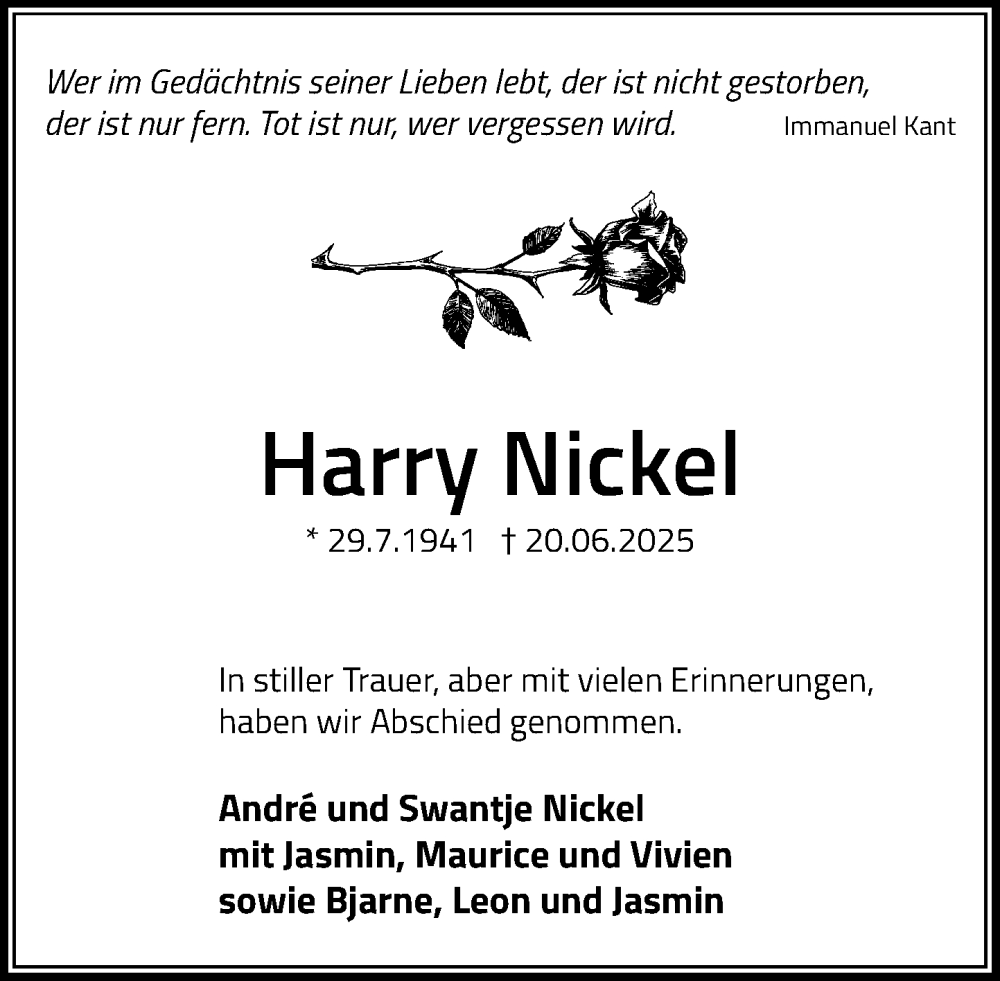  Traueranzeige für Harry Nickel vom 19.07.2025 aus MARKT Ratzeburg/Mölln