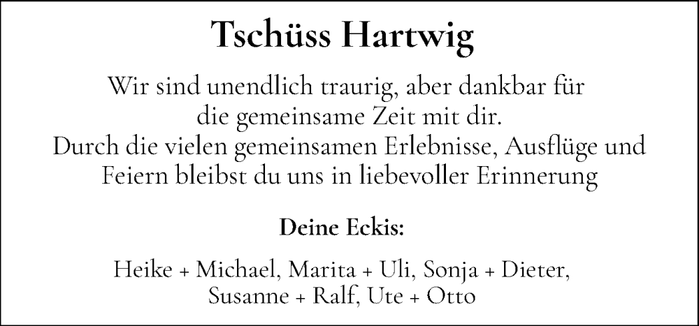  Traueranzeige für Hartwig  vom 19.07.2025 aus Eckernförder Zeitung, Hallo Eckernförde